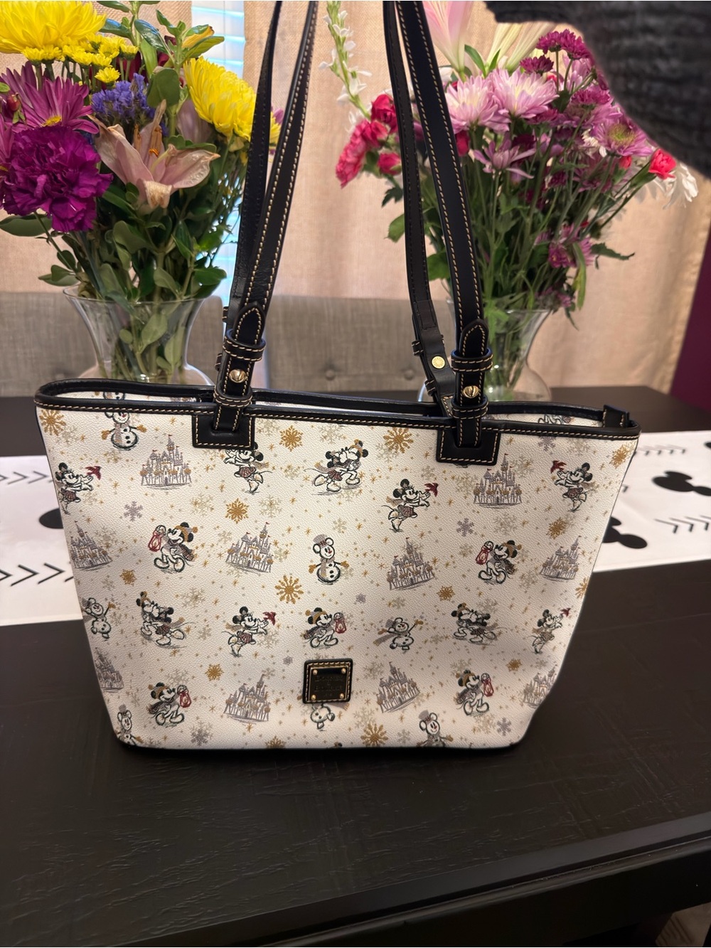 Dooney & Bourke White Mickey & Minnie Holiday Print Tote with Black Trim